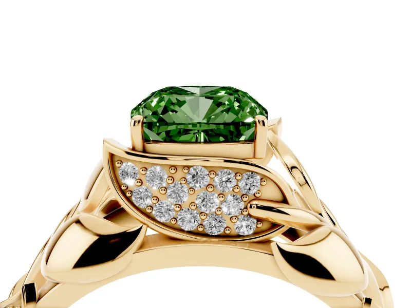 Cushion Cut Leaf Bypass Engagement Ring Setting for a Fancy Green Lab-Grown Diamond | Yellow Gold