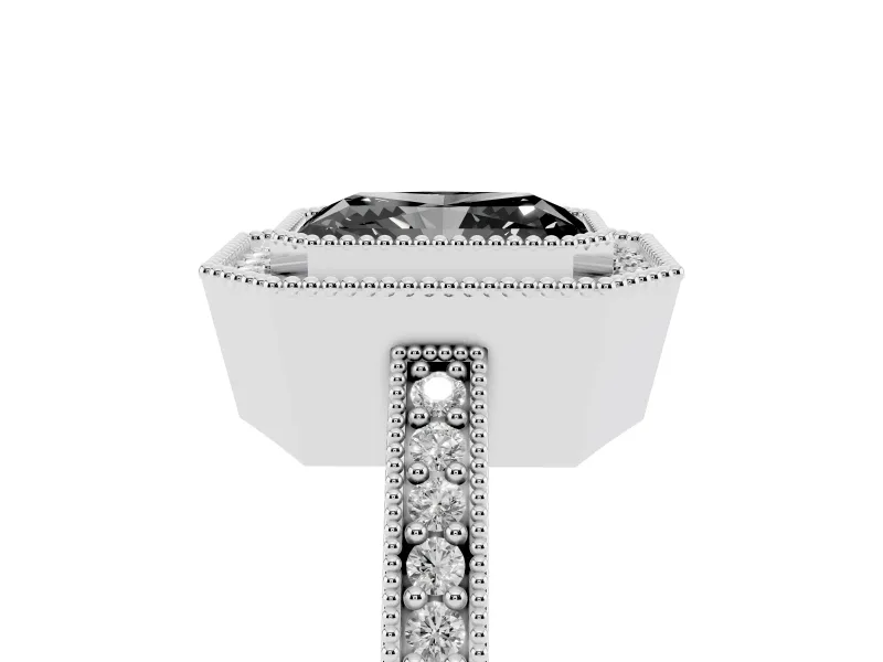 Fancy Black Radiant Cut Diamond Halo Engagement Ring Set in Silver with Pavé Band and Round Halo Stones