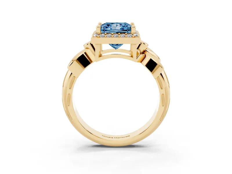 Princess Cut Floral Halo Engagement Ring Setting for a Fancy Blue Lab-Grown Diamond | Yellow Gold