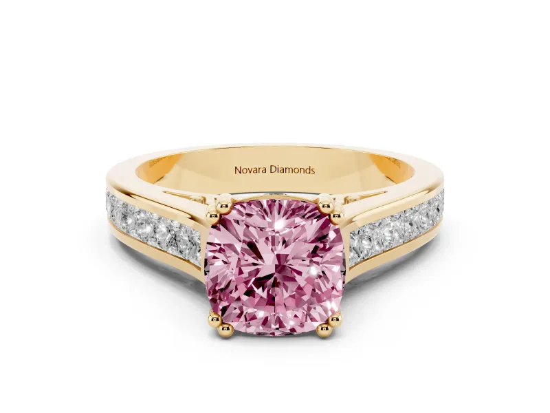 Fancy Pink Cushion Cut Diamond Channel Set Solitaire Engagement Ring Set in Yellow gold with Prong Setting