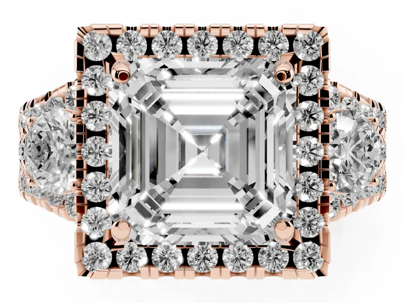 Asscher Cut Halo Split Shank Engagement Ring Setting | Round Side Stones | Rose Gold