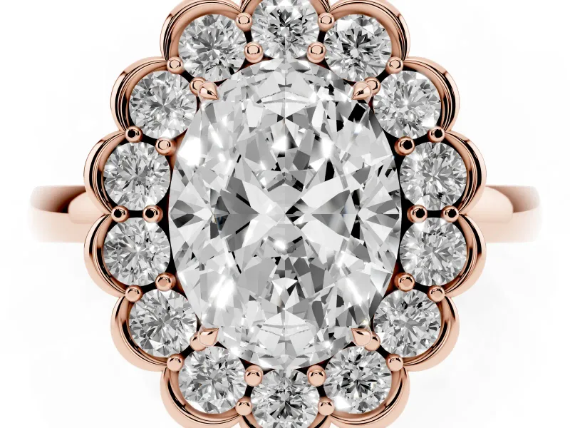 Oval Scalloped Cluster Halo Engagement Ring Setting | Plain Band | Rose Gold