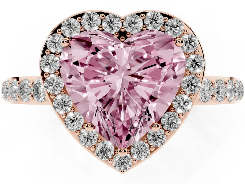 Fancy Pink Heart Cut Diamond Halo Ring Set in Rose gold with Pavé-Setting Band and Open Prong Center