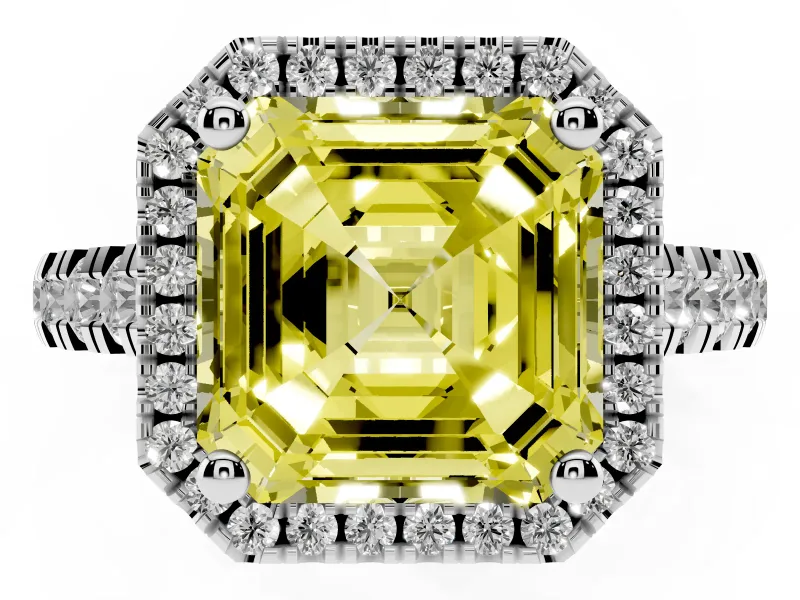 Asscher Cut Halo Engagement Ring Setting for a Fancy Yellow Lab-Grown Diamond | Shared Prong Shoulders | Sterling Silver