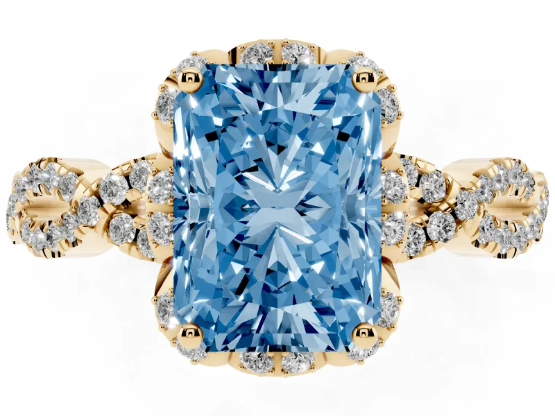 Radiant Cut Milgrain Halo Engagement Ring Setting for a Fancy Blue Lab-Grown Diamond | Graduated Shoulders | Yellow Gold