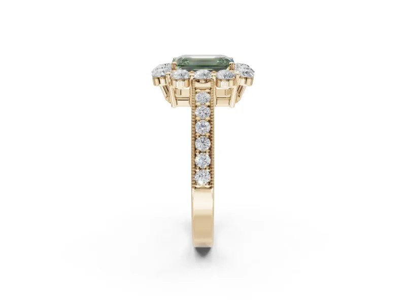 Emerald Cut Vintage Halo Engagement Ring Setting for a Fancy Green Lab-Grown Diamond | Yellow Gold