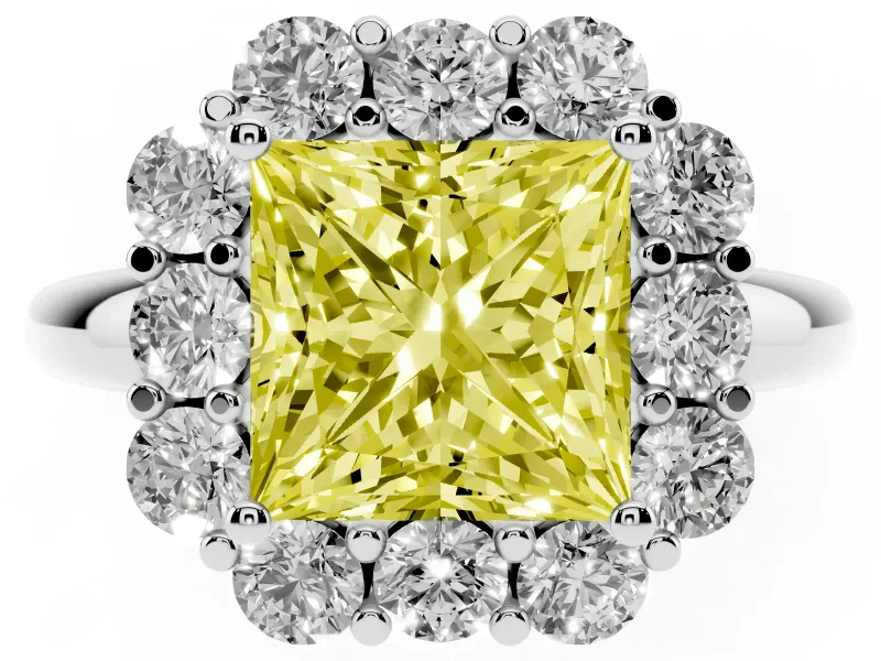Princess Cut Graduated Milgrain Halo Engagement Ring Setting for a Fancy Yellow Lab-Grown Diamond | White Gold