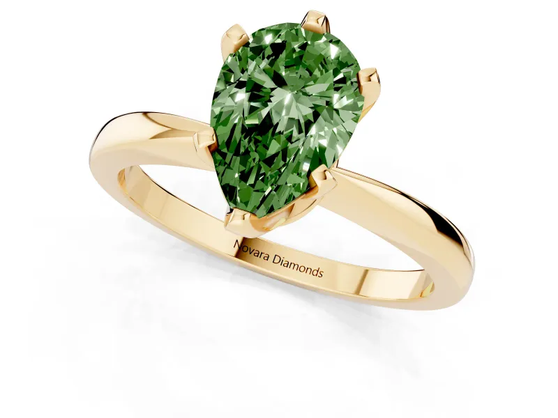 Fancy Green Pear Cut Diamond Solitaire Engagement Ring Set in Yellow gold with Slim Tapered Solitaire Band