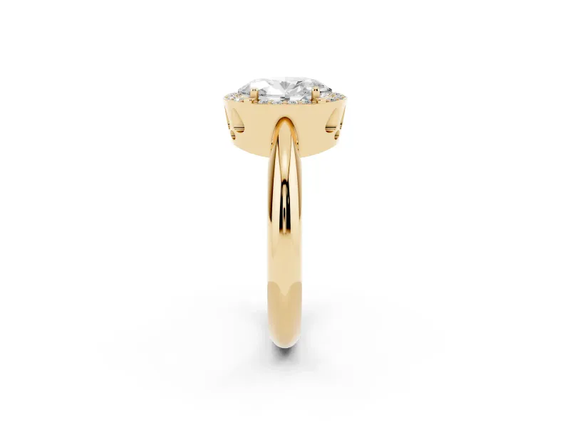 Oval Cut Diamond Halo Engagement Ring Set in Yellow gold with Plain Split Shank and Prong Setting