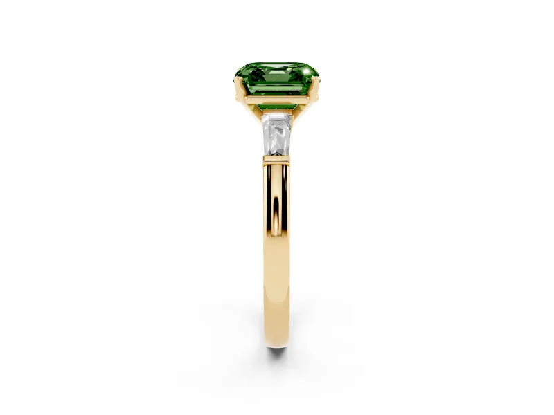 Asscher Cut Three Stone Engagement Ring Setting for a Fancy Green Lab-Grown Diamond | Tapered Baguettes | Yellow Gold