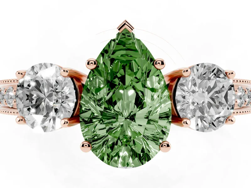 Pear-Shaped Three Stone Engagement Ring Setting for a Fancy Green Lab-Grown Diamond | Graduated Pave Band | Rose Gold