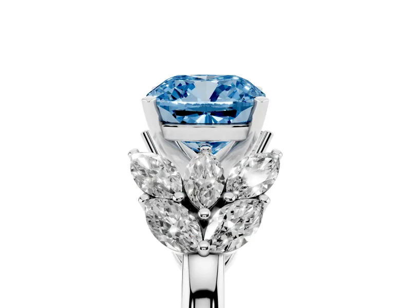 Fancy Blue Cushion Cut Diamond Cluster Leaf Design Ring Set in Platinum with Prong Setting