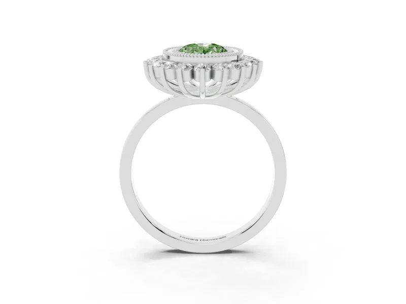 Fancy Green Oval Cut Diamond Halo Ring Set in Silver with Milgrain Edge and Round Prong Setting