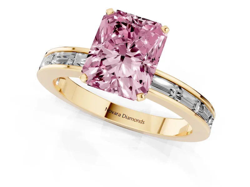 Fancy Pink Radiant Cut Diamond Solitaire Ring Set in Yellow gold with Channel-Set Baguette Band and Prong Setting