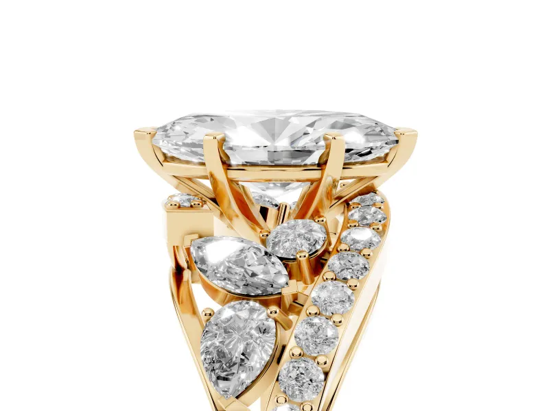 Marquise Cut Diamond Halo Ring Set in Yellow gold with Marquise and Pavé Band in Prong Setting