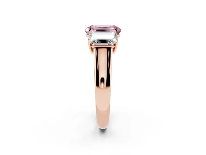 Emerald Cut Three Stone Engagement Ring Setting for a Fancy Pink Lab-Grown Diamond | Basket Prong Heads | Rose Gold
