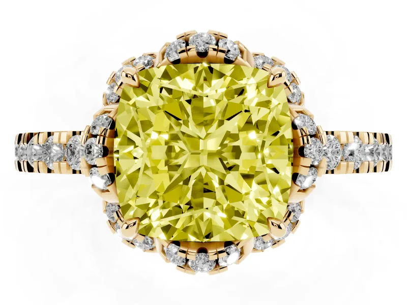 Fancy Yellow Cushion Cut Diamond Halo Pavé Band Ring Set in Yellow gold with Prong-Held Center