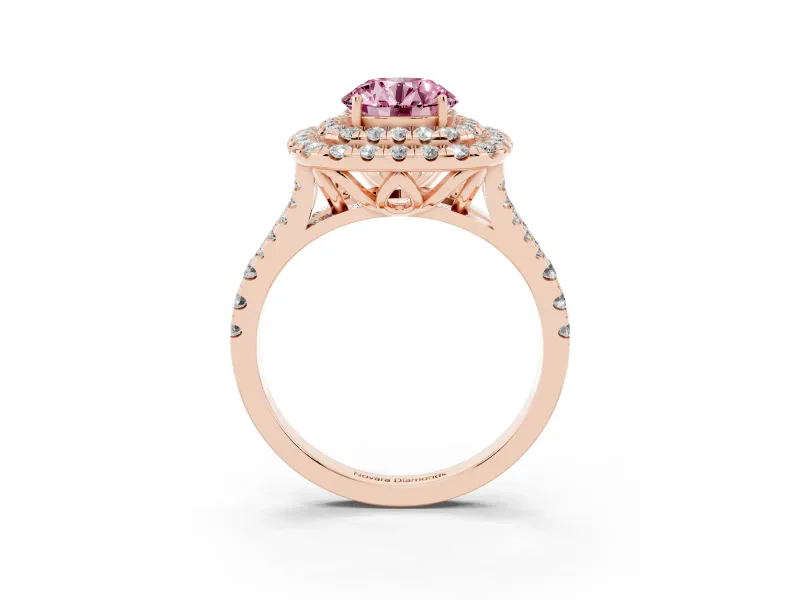 Round Halo Split Shank Engagement Ring Setting for a Fancy Pink Lab-Grown Diamond | Pavé Strands | Rose Gold