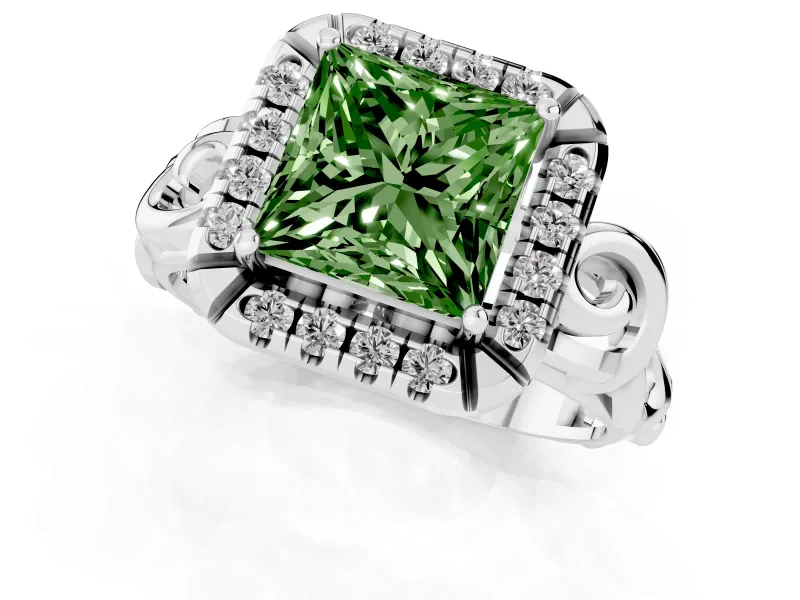 Fancy Green Princess Cut Diamond Halo Ring Set in Silver with Scrollwork Band and Prong Setting