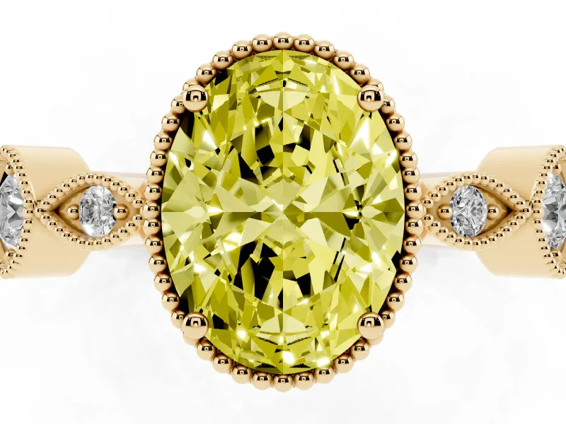 Fancy Yellow Oval Cut Diamond Vintage-Inspired Milgrain Ring Set in Yellow gold with Marquise Stations of Round Accents
