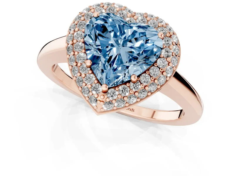 Fancy Blue Heart Cut Diamond Halo Engagement Ring Set in Rose gold with Solitaire Band and Prong Setting