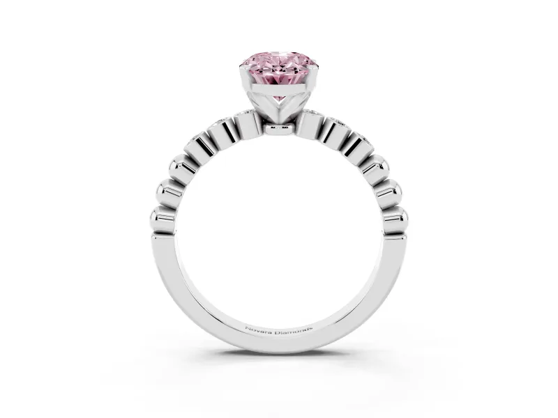 Fancy Pink Oval Cut Diamond Solitaire Engagement Ring Set in Silver with Bezel Accents on Beaded Band