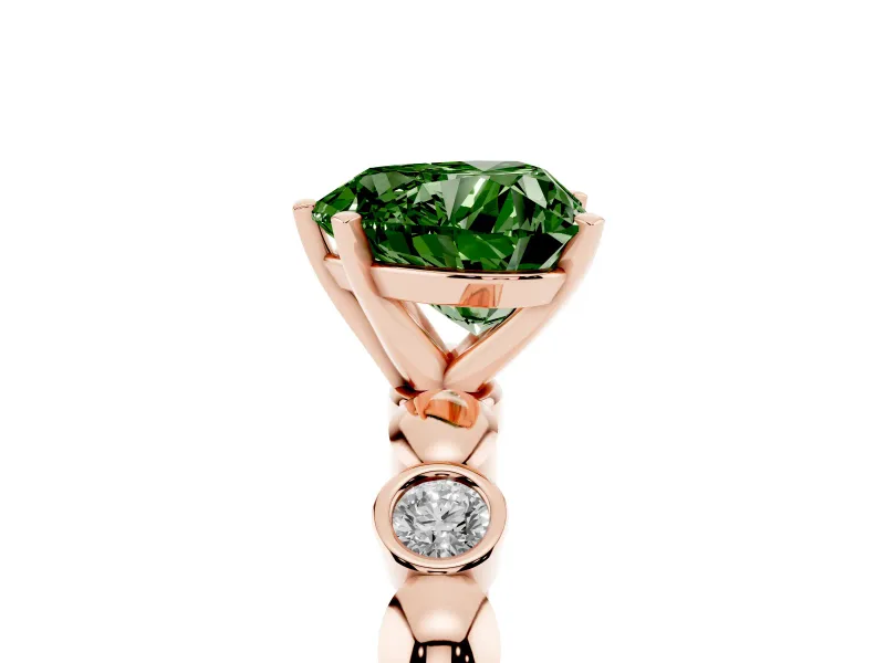 Fancy Green Heart Cut Diamond Solitaire Ring Set in Rose gold with Bezel-Set Accents on Beaded Band and Prong Setting