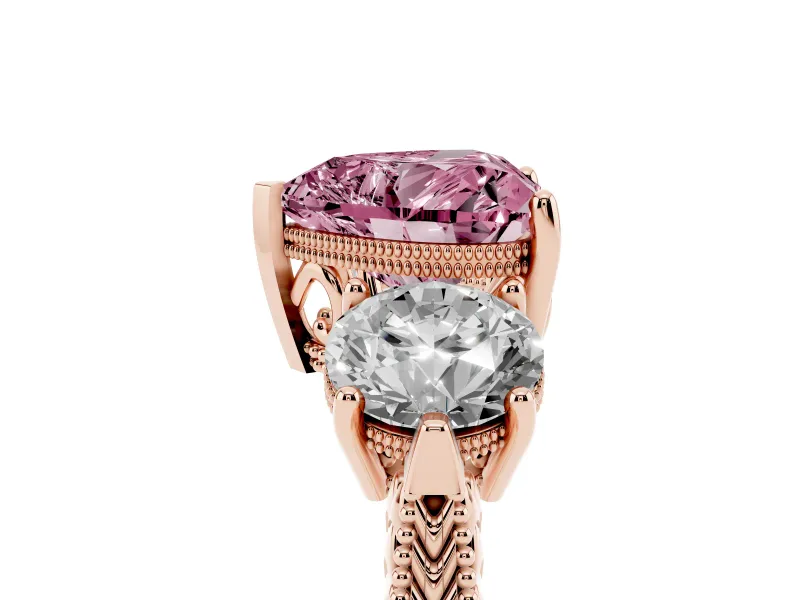 Fancy Pink Heart Cut Diamond Three-Stone Ring Set in Rose gold with Milgrain Band