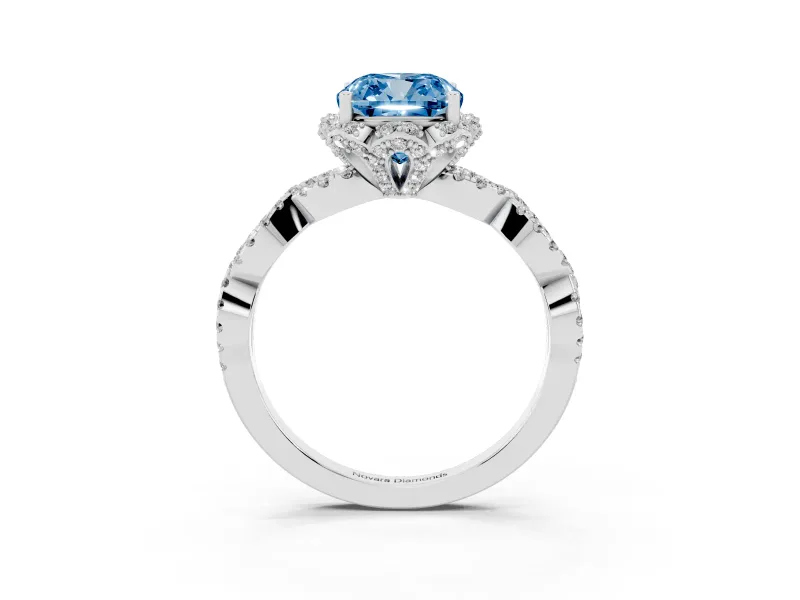 Fancy Blue Cushion Cut Diamond Halo Twist Band Solitaire Ring Set in White gold with Prong-Set Center Stone