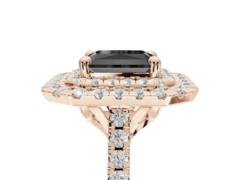 Radiant Cut Double Halo Engagement Ring Setting for a Black Center | Pavé Shoulders | Rose Gold