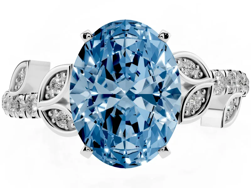 Fancy Blue Oval Cut Diamond Solitaire Leaf-Inspired Ring Set in Platinum with Pavé Band and Prong Setting