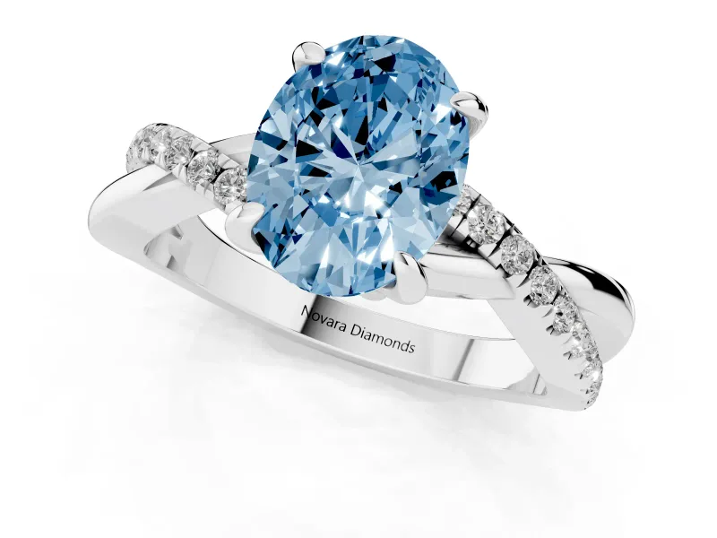 Fancy Blue Oval Cut Diamond Twist Band Solitaire Set in Silver with Pavé Accents and Prong Setting
