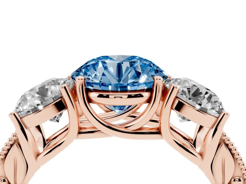 Round Vintage Three Stone Engagement Ring Setting for a Fancy Blue Lab-Grown Diamond | Rose Gold