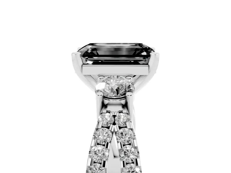 Fancy Black Emerald Cut Diamond Three-Stone Ring Set in Platinum with Pavé Split Shank and Prong Setting