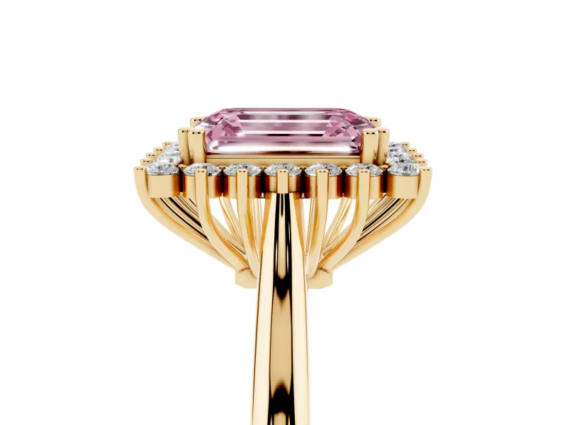 Fancy Pink Emerald Cut Diamond Halo Ring Set in Yellow gold with Plain Solitaire Band and Prong Setting