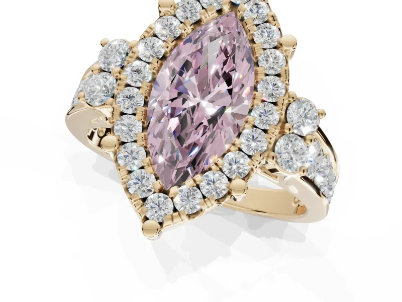 Marquise Halo Engagement Ring Setting for a Fancy Pink Lab-Grown Diamond | Graduated Channel Band | Yellow Gold