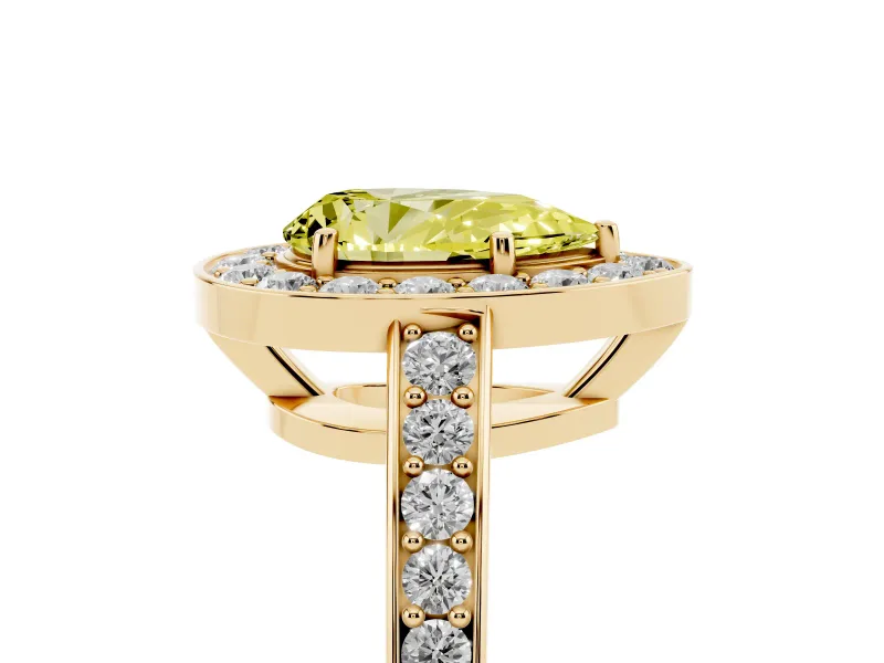 Fancy Yellow Pear Cut Diamond Halo Pavé Engagement Ring Set in Yellow gold with Bezel Setting
