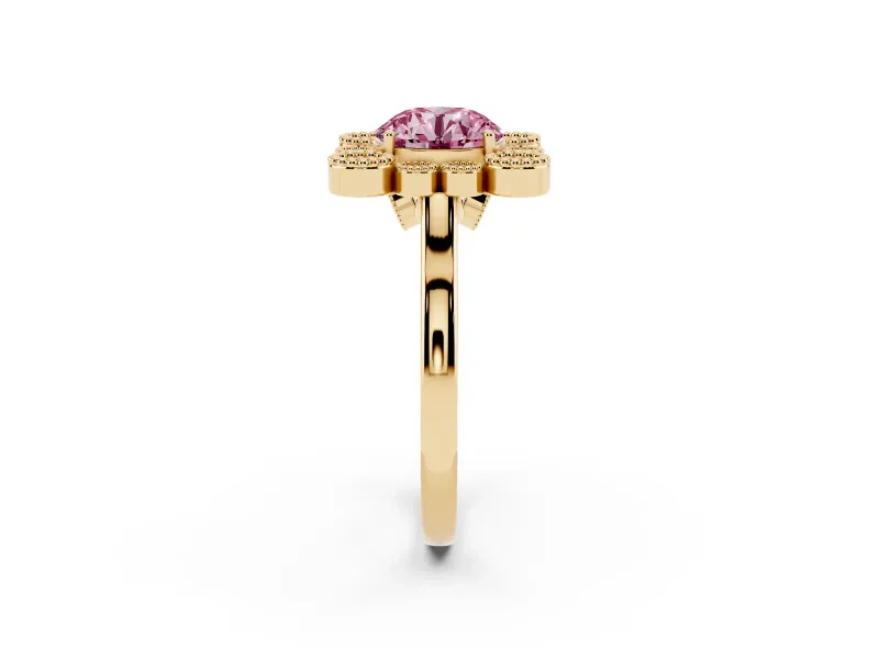 Round Milgrain Cluster Halo Engagement Ring Setting for a Fancy Pink Lab-Grown Diamond | Plain Band | Yellow Gold