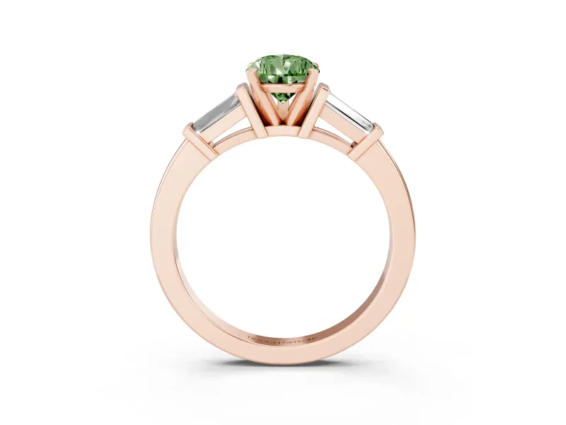 Fancy Green Pear Cut Diamond Solitaire Ring Set in Rose gold with Tapered Baguette Accents and Prong Setting