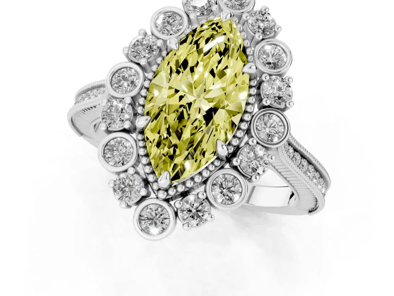 Fancy Yellow Marquise Cut Diamond Halo Milgrain Pavé Ring Set in Silver with Prong Setting