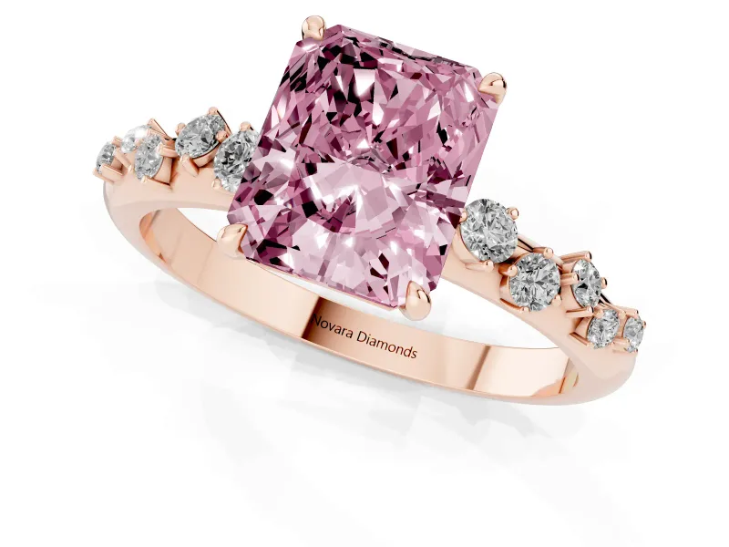 Fancy Pink Radiant Cut Diamond Cluster Solitaire Ring Set in Rose gold with Prong Setting