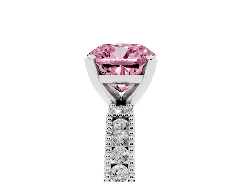 Fancy Pink Cushion Cut Diamond Solitaire Ring Set in Silver with Slim Pavé Band and Prong Setting