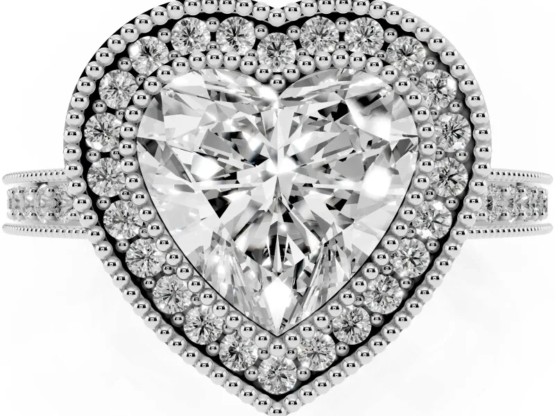 Heart-Shaped Double Milgrain Halo Engagement Ring Setting | Pave Band | Platinum