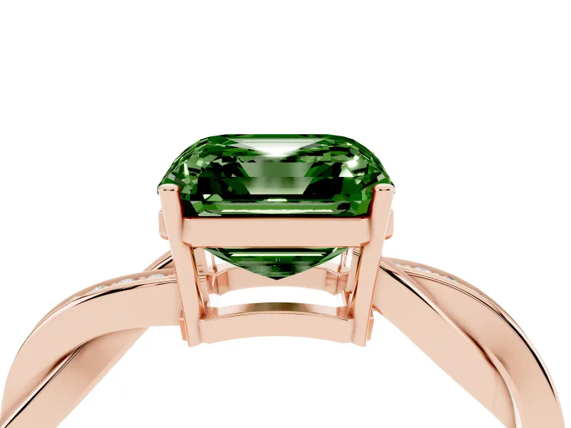 Fancy Green Asscher Cut Diamond Solitaire Twisted Pavé Ring Set in Rose gold with Prong Setting