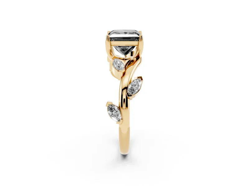 Princess Cut Twisted Vine Engagement Ring Setting for a Black Center | Marquise Leaves | Yellow Gold
