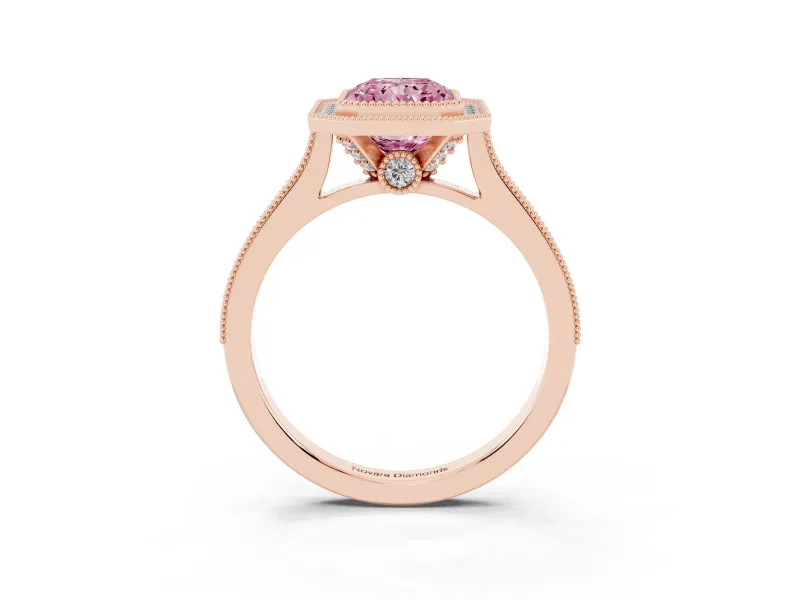Radiant Cut Vintage Milgrain Halo Engagement Ring Setting for a Fancy Pink Lab-Grown Diamond | Bezel Head | Rose Gold