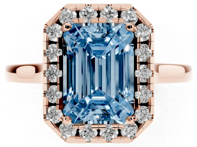 Emerald Cut Halo Engagement Ring Setting for a Fancy Blue Lab-Grown Diamond | Flat Tapered Band | Rose Gold