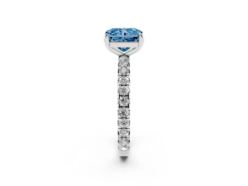 Fancy Blue Radiant Cut Diamond Pavé Solitaire Ring Set in Silver with Round Band and Prong Setting