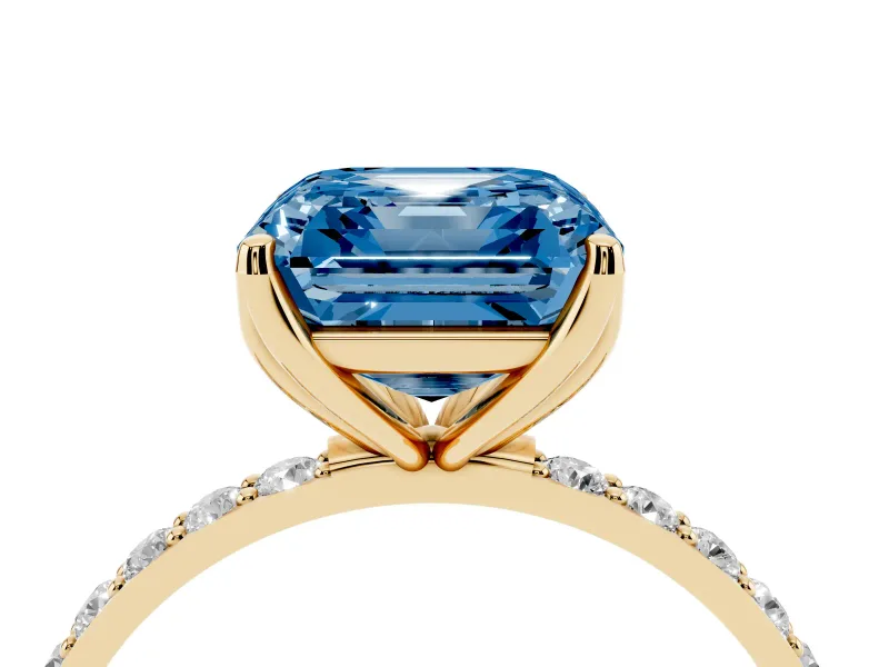 Asscher Cut Pave Solitaire Engagement Ring Setting for a Fancy Blue Lab-Grown Diamond | Slim Band | Yellow Gold