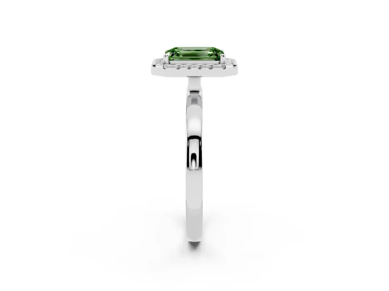 Fancy Green Emerald Cut Diamond Halo Solitaire Ring Set in Silver with Pavé Band and Prong Setting